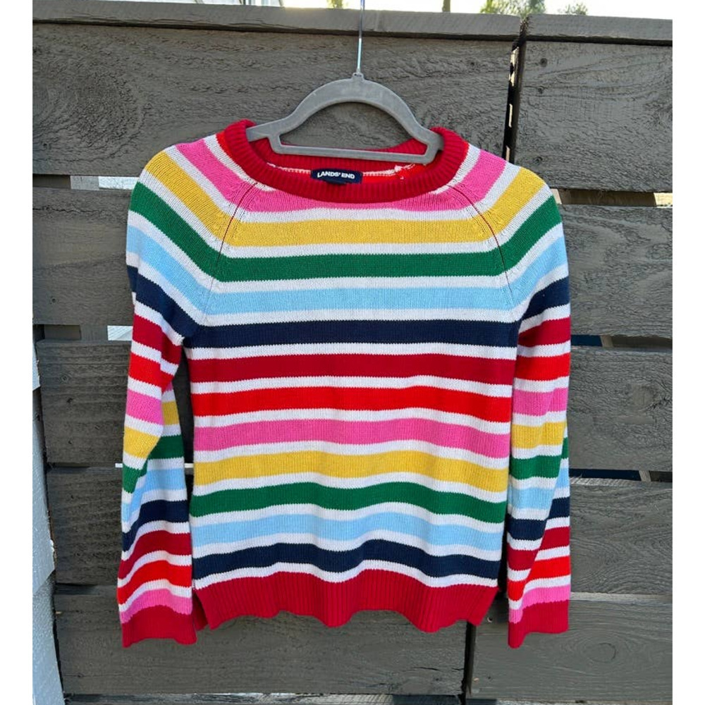 Lands' End Girl's Colorful Rainbow Fun Stripe Knitted Jumper‎ Sweater - sz M